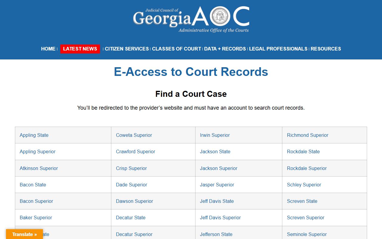 Georgia Courts e-access provider list for Pierce County court records after arrest