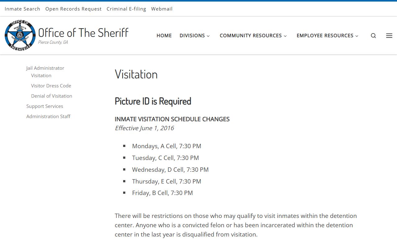 Pierce County Jail visitation schedule for inmate visits by cell block